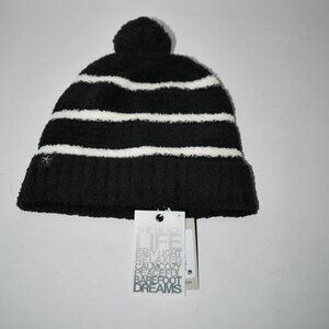 Barefoot Dreams CozyChic Contrast Grid Striped Pom Beanie in Dark Moss/Cream # B